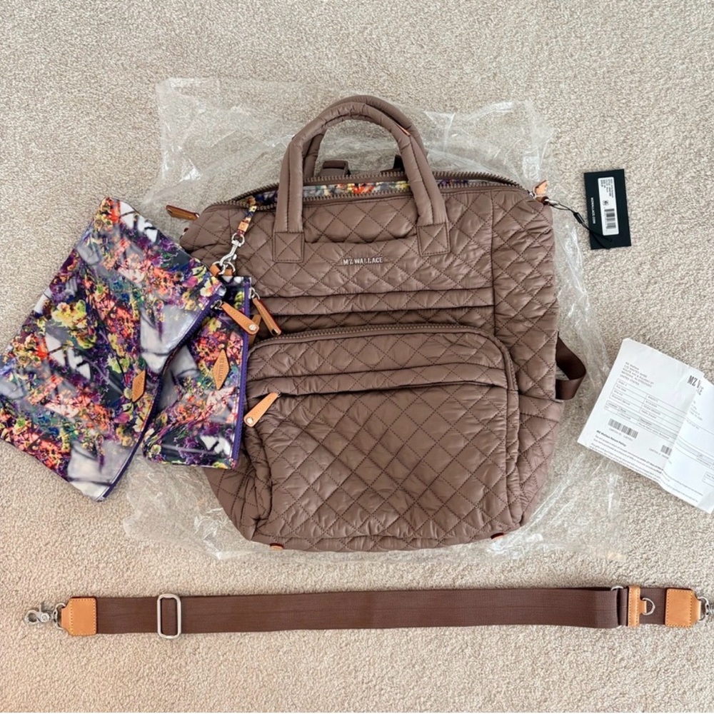 MZ Wallace Quilted Taupe Backpack with Brown Strap and Colorful Pouch
